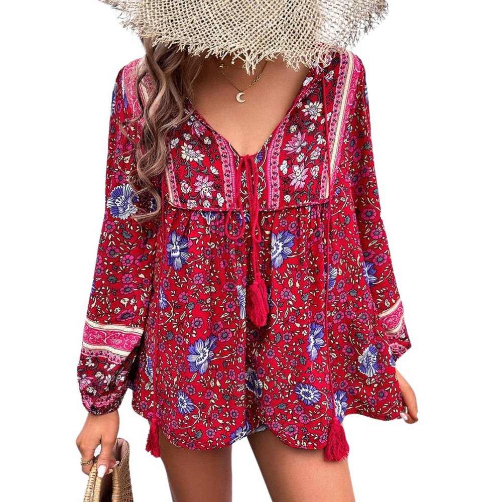 Floral Boho Top Long Sl Blouse Print Cross Deep V Size S Beautiful Red Blue Pink